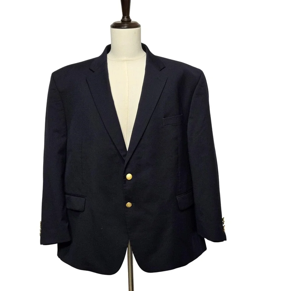 Chaps Blazer Mens 46R Navy Blue Two Button Wool Blend Gold Crest Buttons Classic